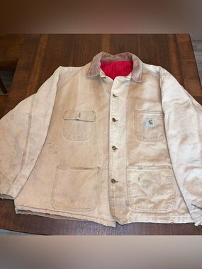 Vtg Carhartt Chore Barn Coat Red Quilted Lining Sz XL? 6QLC Distressed Sunfaded
